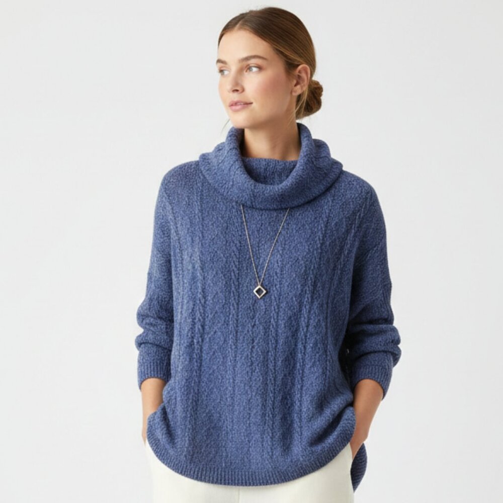 Pure Essence Sweater Cowlneck Cableknit Minimalist Lagenlook Blue 2XL